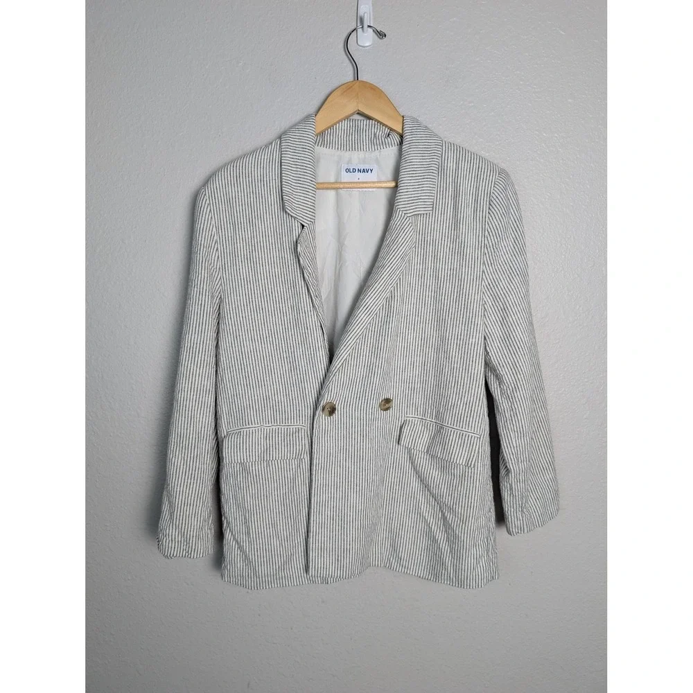 Old Navy Blazer Womens‎ S White Linen Viscose Pinstripe Lined Two Button